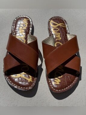 Sam Edelman Cognac Leather Cross-Band Slide Sandals Womens size 6